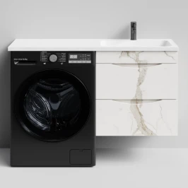 Тумба Смайл 120 подвесной, под стиральную машину, правая, Мрамор Белый натур милк ПВХ 2537 Vodok с раковиной в комплекте