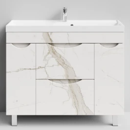 Тумба Лайт 100 напольный, Мрамор Белый натур милк ПВХ 2537 Vodok с раковиной в комплекте