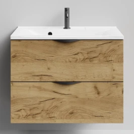 Тумба Марко 75 подвесной, ручки Черные, Дуб Тортуга ПВХ 2357-43 Vodok с раковиной в комплекте