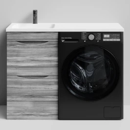 Тумба Смайл 110 напольный, под стиральную машину, левая, Лиственница структурная контрастно-серая ПВХ 64202 Vodok с раковиной в комплекте