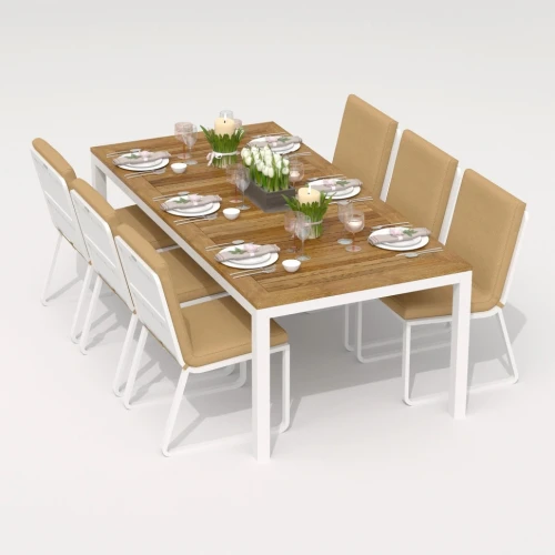 Обеденная группа TELLA  GIRA  каркас белый / стол тик 200 / ткань бежевая