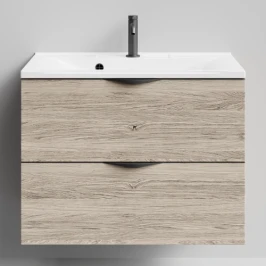 Тумба Марко 75 подвесной, ручки Черные, Дубослив ореховый светлый ПВХ 3445 Vodok с раковиной в комплекте