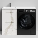 Тумба Смайл 110 напольный, под стиральную машину, левая, Мрамор Белый натур милк ПВХ 2537 Vodok с раковиной в комплекте