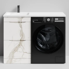 Тумба Смайл 110 напольный, под стиральную машину, левая, Мрамор Белый натур милк ПВХ 2537 Vodok с раковиной в комплекте