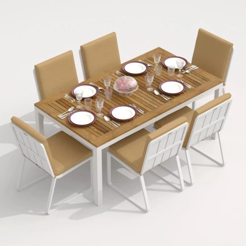 Обеденная группа TELLA  GIRA  каркас белый / стол тик 180 / ткань бежевая