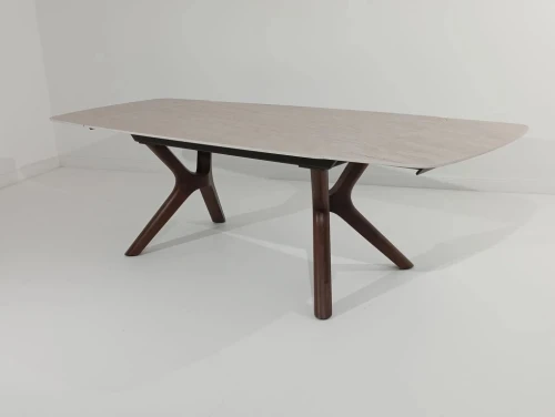 Стол КИРАН (KIRAN) 180 БЕЖЕВЫЙ МРАМОР (MATTE SICILY BEIGE SOLID CERAMIC) / Орех темный, ®DISAUR