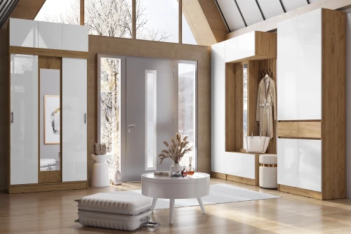 Шкаф с антресолью Бася/Роджина, Белый глянец холодный, Дуб крафт