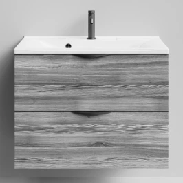 Тумба Марко 75 подвесной, ручки Черные, Лиственница структурная контрастно-серая ПВХ 64202 Vodok с раковиной в комплекте