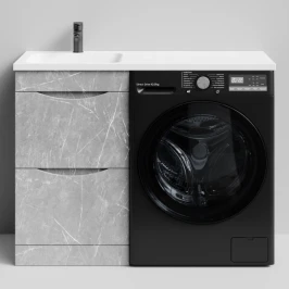 Тумба Смайл 110 напольный, под стиральную машину, левая, Мрамор Белый софт тач 4044-2 Vodok с раковиной в комплекте