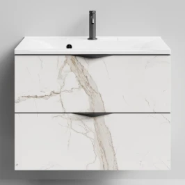 Тумба Марко 75 подвесной, ручки Черные, Мрамор Белый натур милк ПВХ 2537 Vodok с раковиной в комплекте