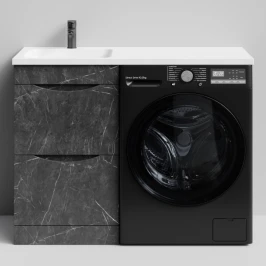 Тумба Смайл 110 напольный, под стиральную машину, левая, Мрамор Графит софт тач ПВХ 4044-3 Vodok с раковиной в комплекте