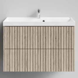 Тумба Тач 90 подвесной, Дубослив ореховый светлый ПВХ 3445 Vodok с раковиной в комплекте