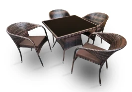 Обеденная группа стол Римини + 4 Кресла Греция из искусственного ротанга Dark Brown