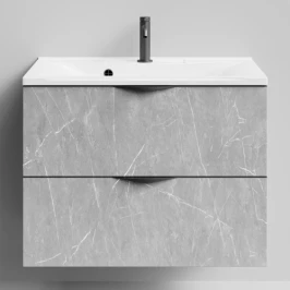 Тумба Марко 75 подвесной, ручки Черные, Мрамор Белый софт тач 4044-2 Vodok с раковиной в комплекте