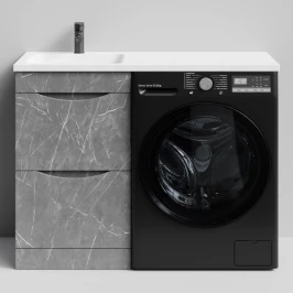 Тумба Смайл 110 напольный, под стиральную машину, левая, Мрамор Серый софт тач ПВХ 4044-1 Vodok с раковиной в комплекте