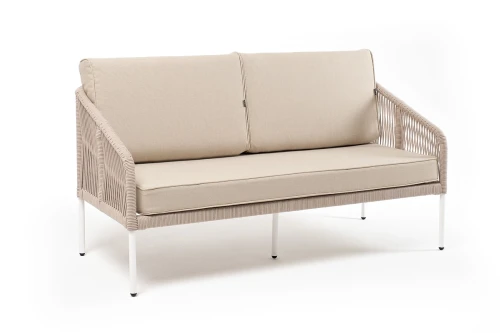 "Канны" диван 2-местный плетеный из роупа, каркас алюминий белый муар, роуп бежевый круглый, ткань бежевая 052