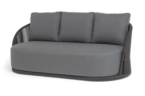 "Монтелла" диван 3-местный плетеный из роупа, каркас алюминий темно-серый (RAL7024) муар, роуп темно-серый круглый, ткань темно-серая 027