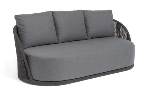 "Монтелла" диван 3-местный плетеный из роупа, каркас алюминий темно-серый (RAL7024) муар, роуп темно-серый круглый, ткань темно-серая 027