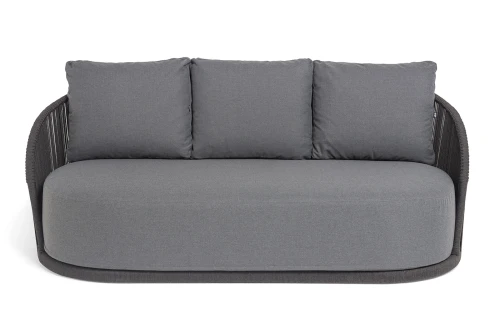 "Монтелла" диван 3-местный плетеный из роупа, каркас алюминий темно-серый (RAL7024) муар, роуп темно-серый круглый, ткань темно-серая 027