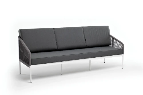 "Канны" диван 3-местный плетеный из роупа, каркас алюминий белый муар, роуп светло-серый круглый, ткань серая 017