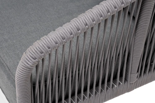 "Канны" диван 3-местный плетеный из роупа, каркас алюминий белый муар, роуп светло-серый круглый, ткань серая 017