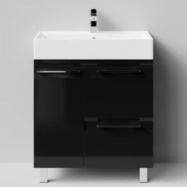 Тумба Мальта 70 напольный, ящики и дверь, черный глянец, левый Vodok с раковиной в комплекте