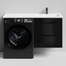 Тумба Смайл 120 подвесной, под стиральную машину, правая, черный глянец Vodok с раковиной в комплекте