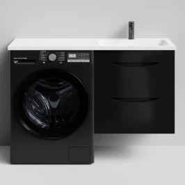 Тумба Смайл 120 подвесной, под стиральную машину, правая, черный глянец Vodok с раковиной в комплекте