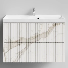 Тумба Тач 90 подвесной, Мрамор Белый натур милк ПВХ 2537 Vodok с раковиной в комплекте