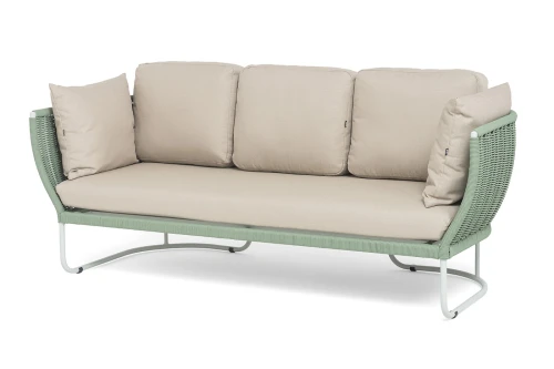 "Фиджи" диван 3-местный плетеный из роупа, каркас алюминий светло-серый (RAL7035) муар, роуп зеленый (4204) круглый tex, ткань Mossle бежевая
