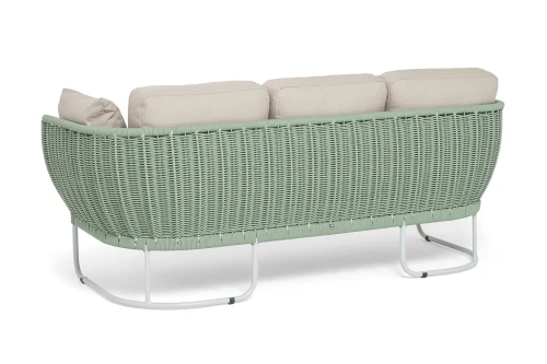 "Фиджи" диван 3-местный плетеный из роупа, каркас алюминий светло-серый (RAL7035) муар, роуп зеленый (4204) круглый tex, ткань Mossle бежевая