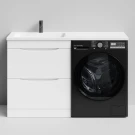 Тумба Смайл 130 напольный, под стиральную машину, левая, белый глянец Vodok с раковиной в комплекте