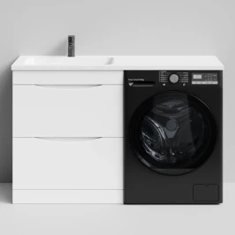 Тумба Смайл 130 напольный, под стиральную машину, левая, белый глянец Vodok с раковиной в комплекте