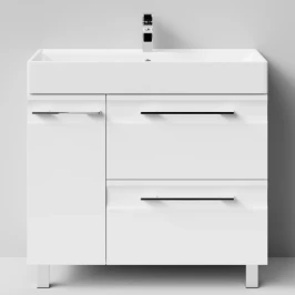 Тумба Мальта 90 напольный, ящики и дверь, белый глянец, левый Vodok с раковиной в комплекте