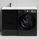 Тумба Смайл 110 напольный, под стиральную машину, левая, черный глянец Vodok с раковиной в комплекте