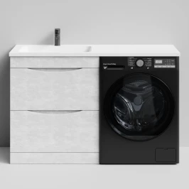 Тумба Смайл 130 напольный, под стиральную машину, левая, Белый камень ПВХ 57805 Vodok с раковиной в комплекте